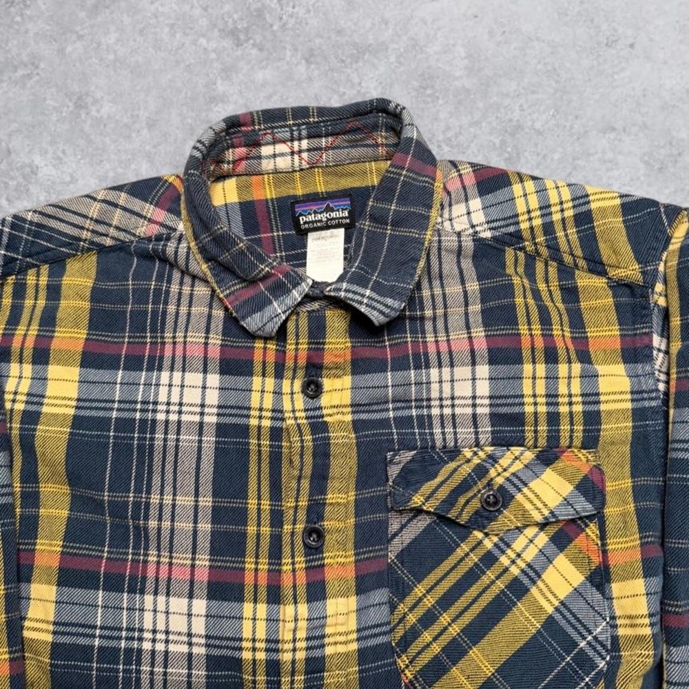 Patagonia Vintage Flannel Button Up Plaid Shirt Yellow Blue Mens L